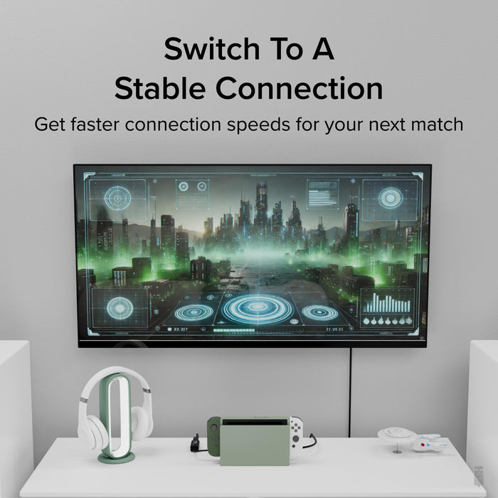 USB3-E1000 adapter connected to a gaming console, providing a stable, high-speed wired Ethernet connection.