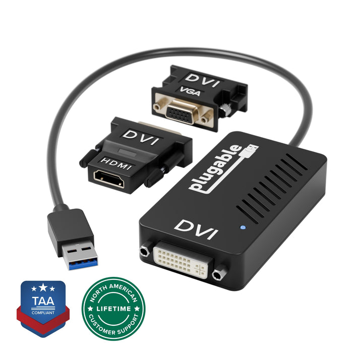 Plugable USB 3.0 to DVI adapter with DVI-to-VGA and DVI-to-HDMI adapters, TAA compliant, lifetime customer support.