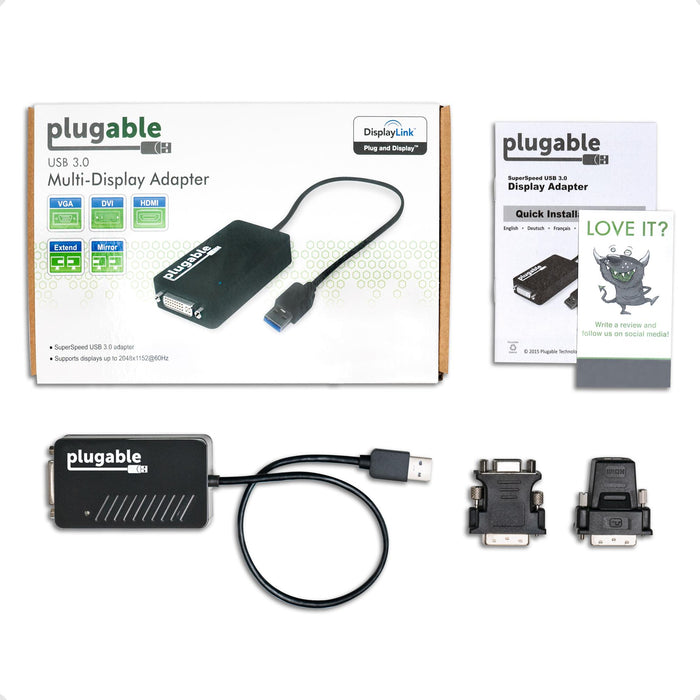 Plugable UGA-3000 USB 3.0 adapter with VGA, DVI, and HDMI ports, supporting displays up to 2048x1152 at 60Hz.