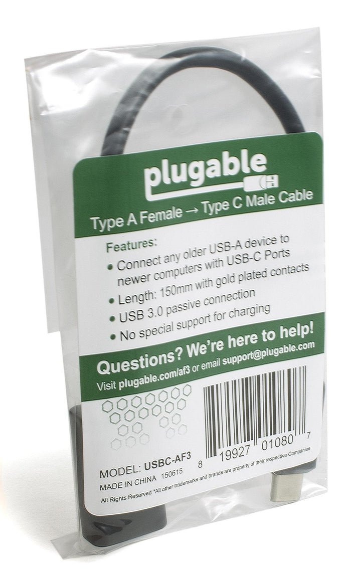 Plugable USBC-AF3 Type A Female to Type C Male cable, 150mm length, gold plated contacts, USB 3.0 passive connection.