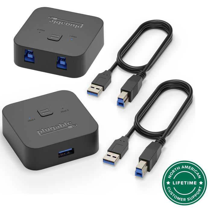 Plugable USB 3.0 Sharing Switch USB3-SWITCH2 with two USB-A to USB-B cables and lifetime customer support badge.