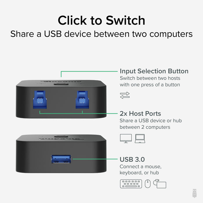 USB3-SWITCH2 features an input selection button for two hosts and one USB 3.0 port to share devices between computers.