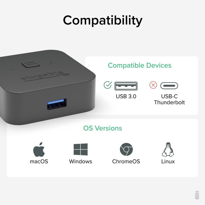 USB3-SWITCH2 compatibility: supports USB 3.0; not USB-C/Thunderbolt. Compatible with macOS, Windows, ChromeOS, and Linux.