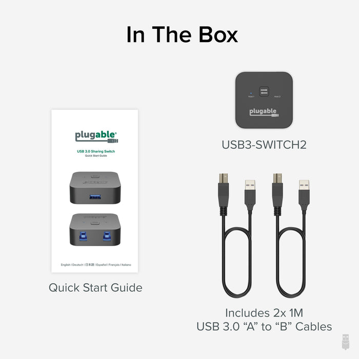 USB3-SWITCH2 box contents: sharing switch, quick start guide, and two 1M USB 3.0 A to B cables.