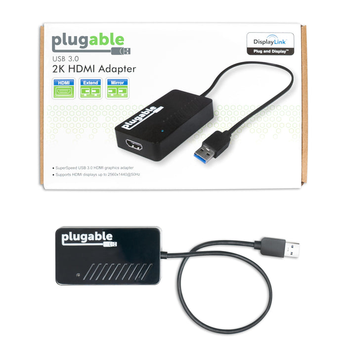 Plugable USB 3.0 2K HDMI Adapter supports extend/mirror modes and resolutions up to 2560x1440 at 50Hz.