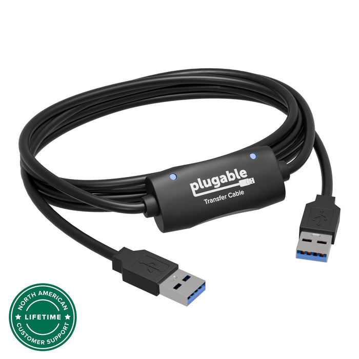 Plugable USB 3.0 Transfer Cable with two USB-A connectors and central hub with status LEDs.