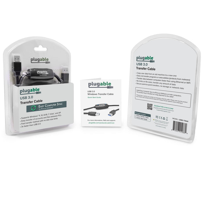 Plugable USB 3.0 Transfer Cable packaging, quick start guide, and rear label listing Windows XP-11 compatibility.