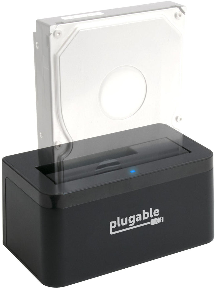 Plugable USBC-SATA-V upright hard drive and SSD docking station with a 3.5-inch SATA drive inserted.