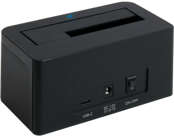 Rear panel of USBC-SATA-V dock featuring USB-C port, 12V DC power input, and ON/OFF power switch.