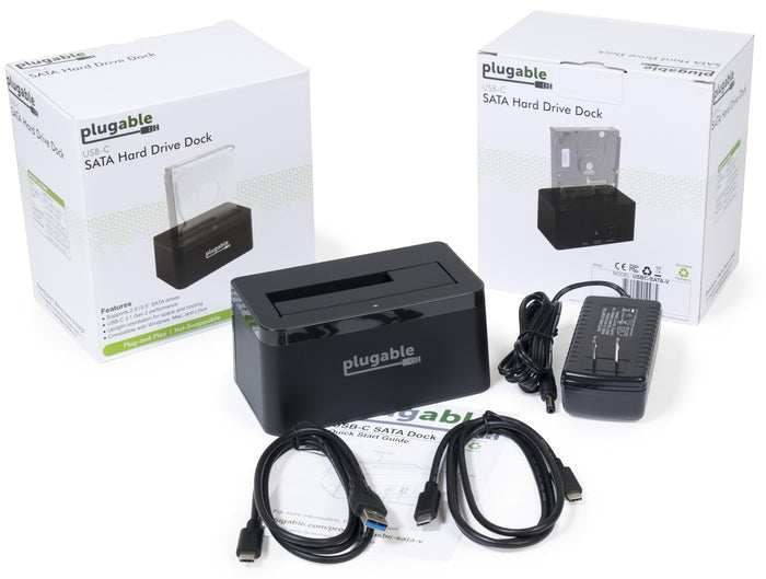 Plugable USBC-SATA-V dock with 2.5/3.5 inch SATA support, USB 3.1 Gen 2, power adapter, USB-C and USB-A cables.