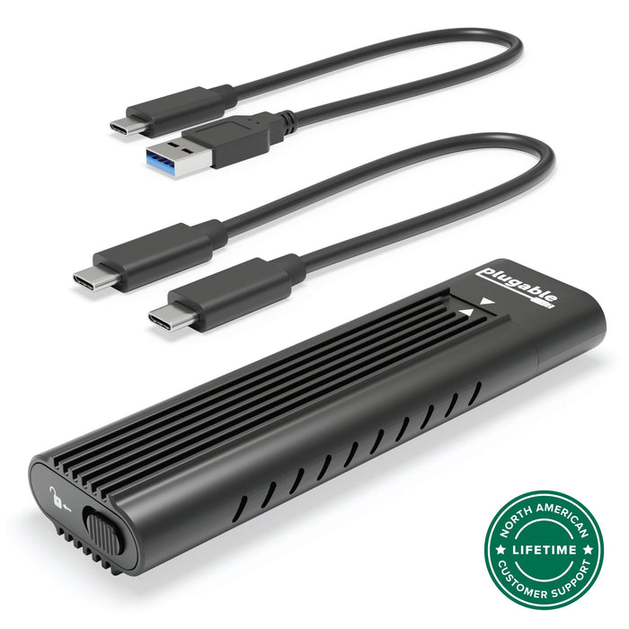 Plugable USBC-NVME M.2 NVMe SSD enclosure with USB-C to USB-C and USB-C to USB-A cables and lifetime customer support.