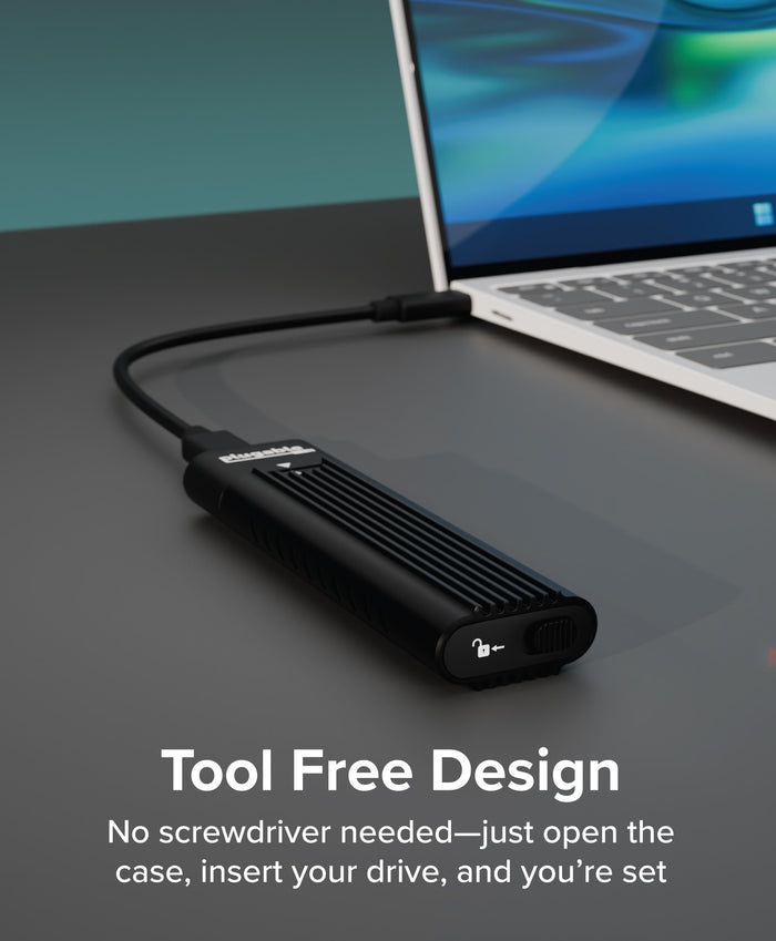 Plugable USBC-NVME enclosure connected to a laptop, highlighting the tool-free sliding lock mechanism.