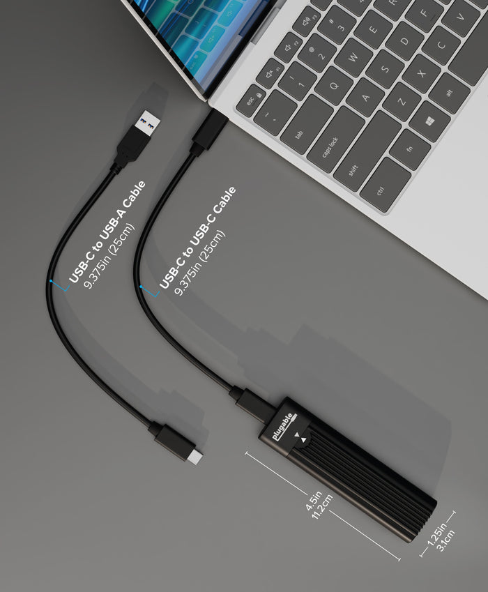 Plugable USBC-NVME with 9.375in (25cm) USB-C to USB-A and USB-C to USB-C cables. Enclosure dimensions: 4.5in (11.2cm) x 1.25i