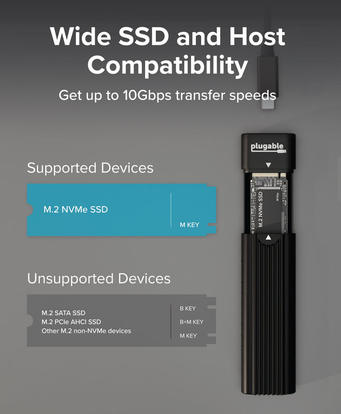 Plugable USBC-NVME supports M.2 NVMe SSDs with M Key at 10Gbps. Unsupported: M.2 SATA, PCIe AHCI, and non-NVMe devices.
