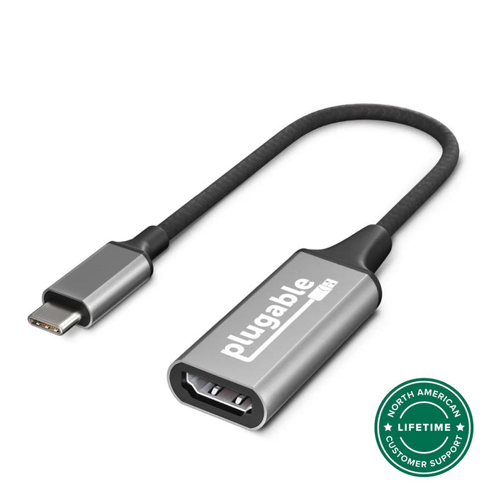 Plugable USB-C to HDMI adapter with North American lifetime customer support badge.