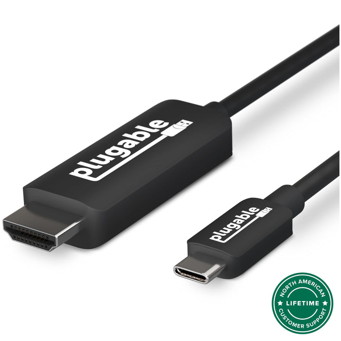 Plugable USB-C to HDMI cable with North American lifetime customer support badge.