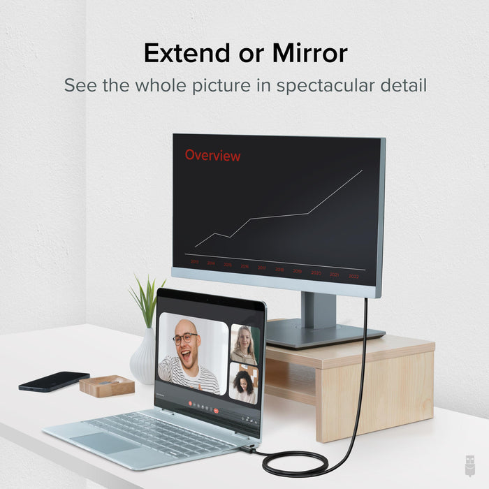 USBC-HDMI-CABLE connecting a laptop to an external monitor to extend or mirror the display.