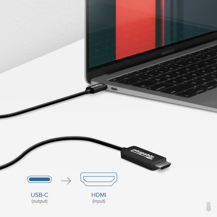 Plugable USB-C to HDMI cable connecting a laptop USB-C output to an HDMI input.