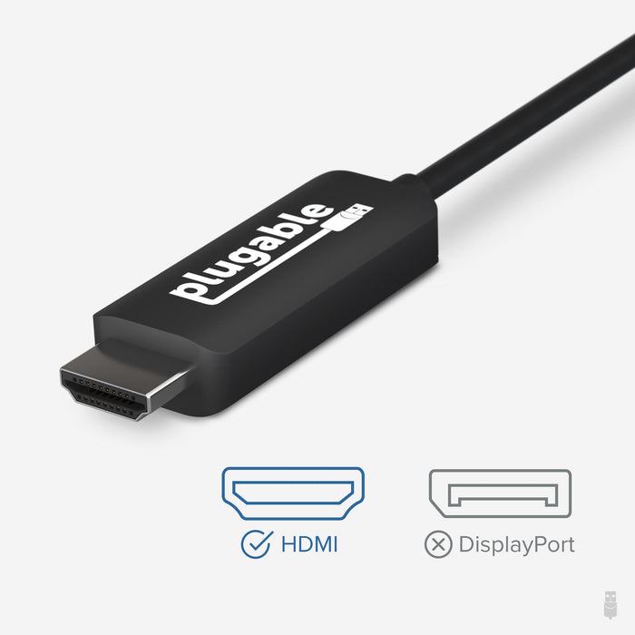 Plugable USB-C to HDMI cable connector showing compatibility with HDMI ports and incompatibility with DisplayPort.