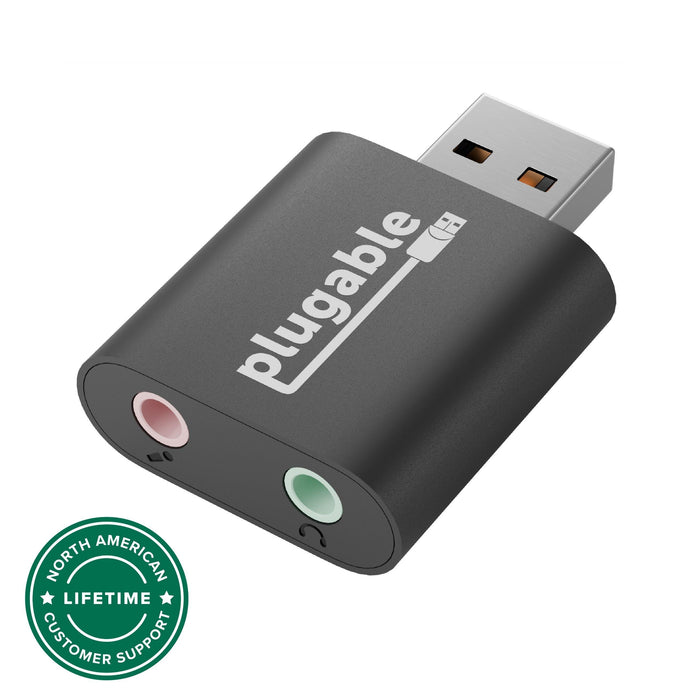 Plugable USB-AUDIO adapter with USB-A connector, 3.5mm microphone input, and 3.5mm headphone output.