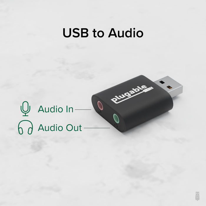 Plugable USB-AUDIO adapter with 3.5mm microphone Audio In port and 3.5mm headphone Audio Out port.