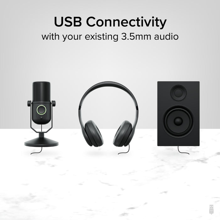 USB-AUDIO adapter enables USB connectivity for 3.5mm microphones, headphones, and speakers.