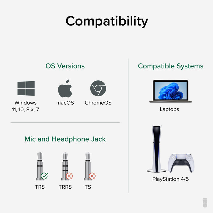 Compatibility: Windows 11, 10, 8.x, 7, macOS, ChromeOS. Supports TRS jacks; TRRS and TS jacks not supported. Laptops, PS4/5.