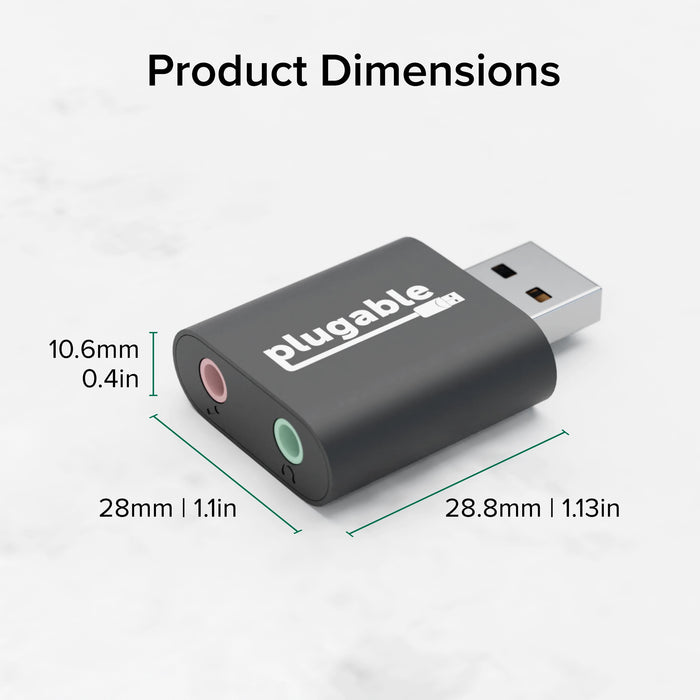 USB-AUDIO dimensions: 10.6mm (0.4in) height, 28mm (1.1in) width, and 28.8mm (1.13in) length.