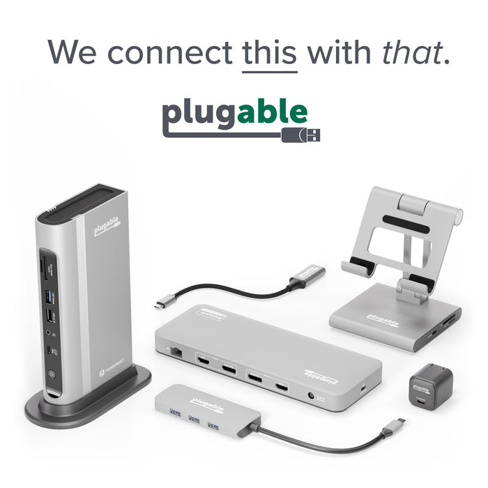 Plugable product collection including a Thunderbolt dock, DisplayLink hub, USB-C hub, phone stand, and 30W power adapter.