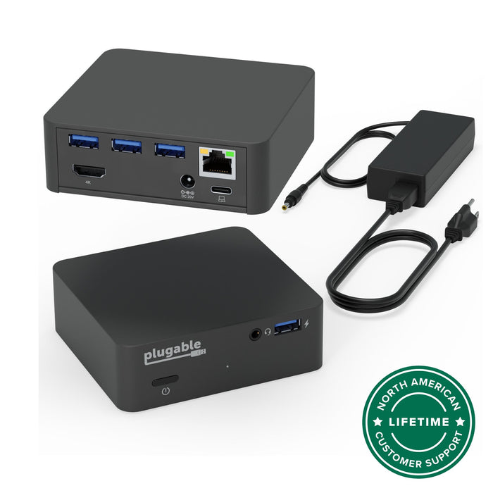 Plugable UD-CAM dock with power supply, featuring 4K HDMI, 3 USB-A, Ethernet, USB-C host port, and audio jack.