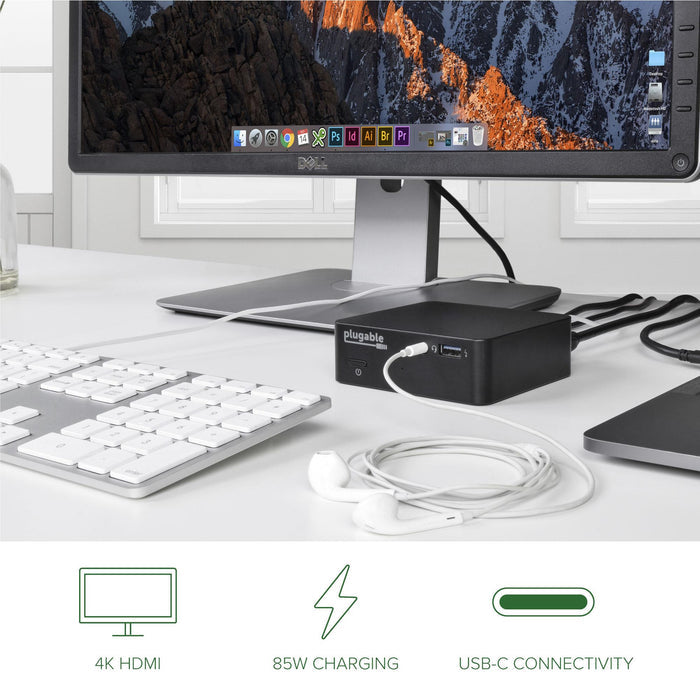 Plugable UD-CAM dock features: 4K HDMI output, 85W charging, and USB-C connectivity.