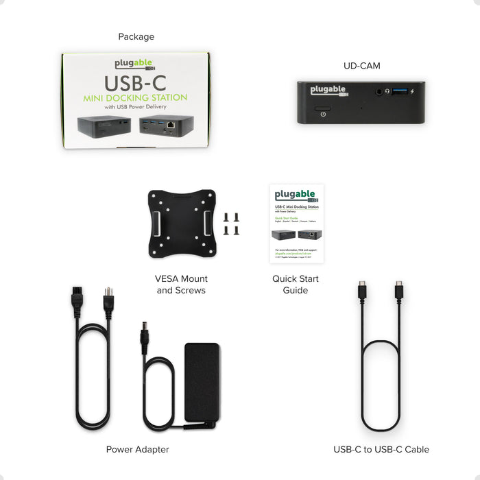 UD-CAM package contents: docking station, VESA mount with screws, quick start guide, power adapter, and USB-C cable.