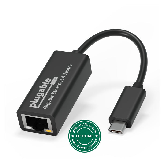 Plugable USB-C to Gigabit Ethernet adapter with North American lifetime customer support badge.
