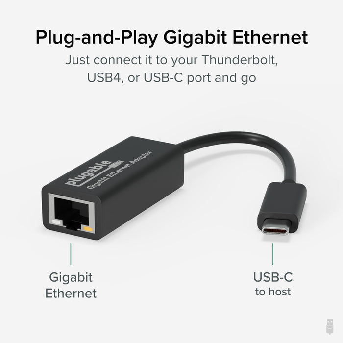 Plugable USBC-E1000 adapter with Gigabit Ethernet port and USB-C connector for Thunderbolt, USB4, or USB-C host ports.