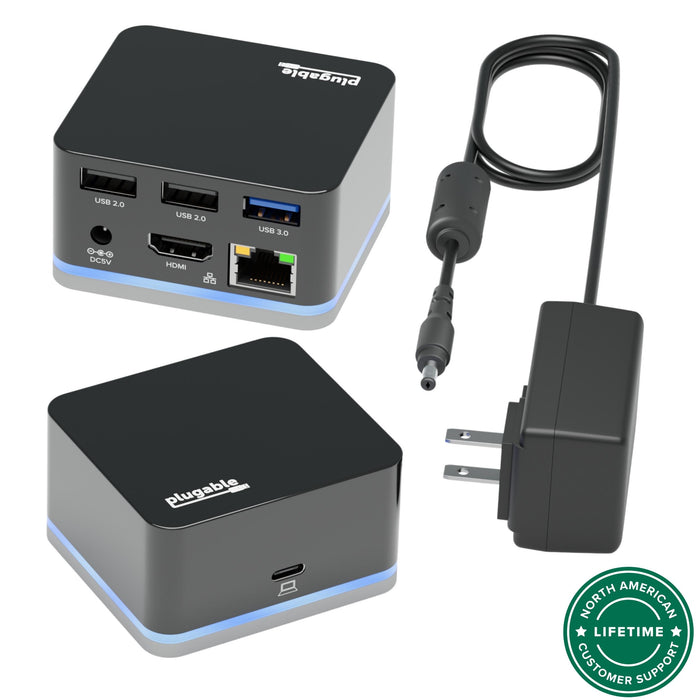 Plugable UD-CUBE dock with USB-C host, HDMI, Gigabit Ethernet, two USB 2.0, one USB 3.0, and DC5V power adapter.