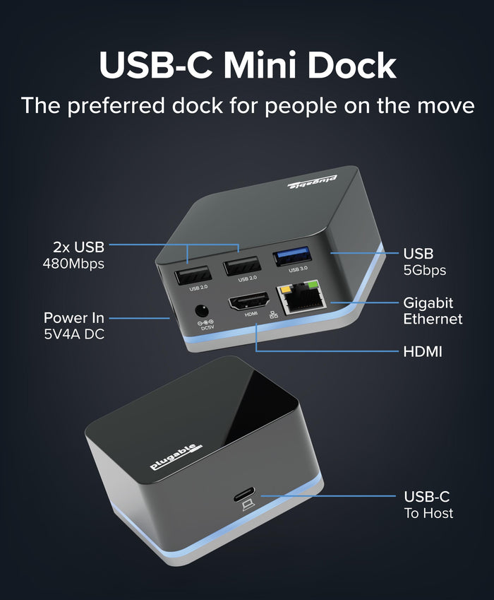 Plugable UD-CUBE ports: 2x USB 2.0 (480Mbps), 1x USB 3.0 (5Gbps), HDMI, Gigabit Ethernet, 5V4A DC power, USB-C to host.