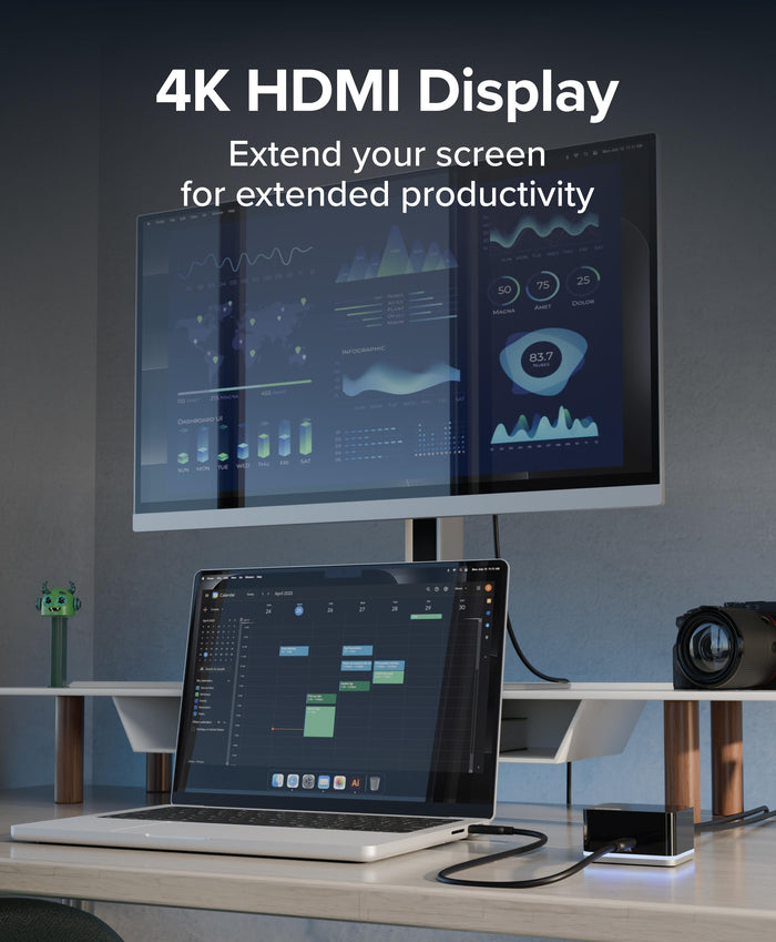UD-CUBE docking station connected to a laptop and external monitor, supporting 4K HDMI display output.