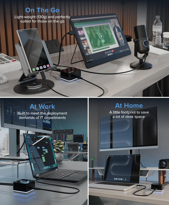 Plugable UD-CUBE docking station shown in three use cases: on-the-go (130g weight), at work, and at home.