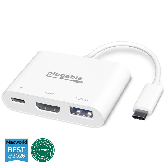 Plugable USBC-MD103 3-in-1 hub with USB-C, HDMI, and USB 3.0 ports, featuring Macworld Best of 2026 award badge.