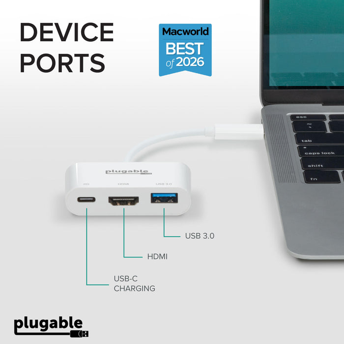 Plugable USBC-MD103 ports: USB-C charging, HDMI, and USB 3.0, connected to a laptop.