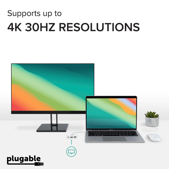 Plugable USBC-MD103 adapter connecting a laptop to an external monitor, supporting up to 4K 30Hz resolutions.