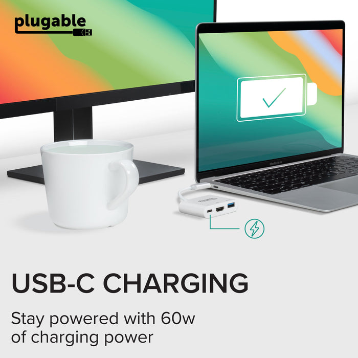 USBC-MD103 adapter showing USB-C charging port with 60W power delivery to a connected laptop.