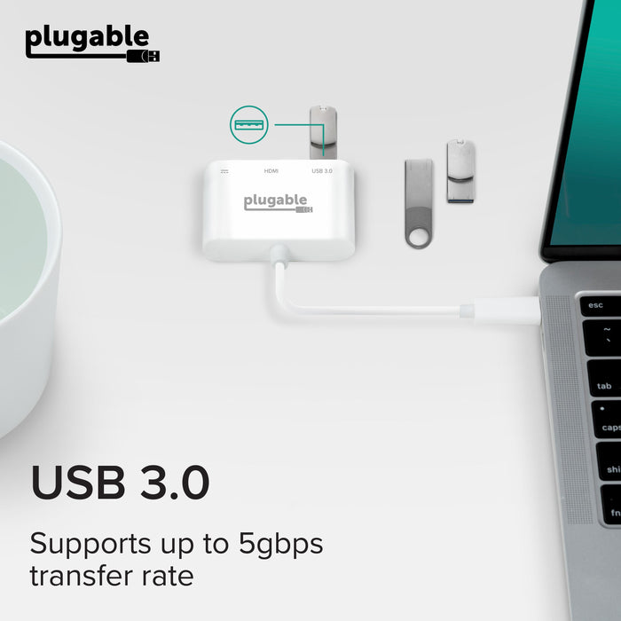 Plugable USBC-MD103 hub showing USB 3.0 port with 5Gbps transfer rate support.