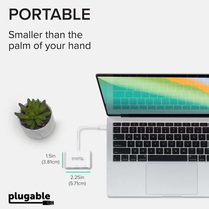 Plugable USBC-MD103 adapter dimensions: 1.5in (3.81cm) by 2.25in (5.71cm).