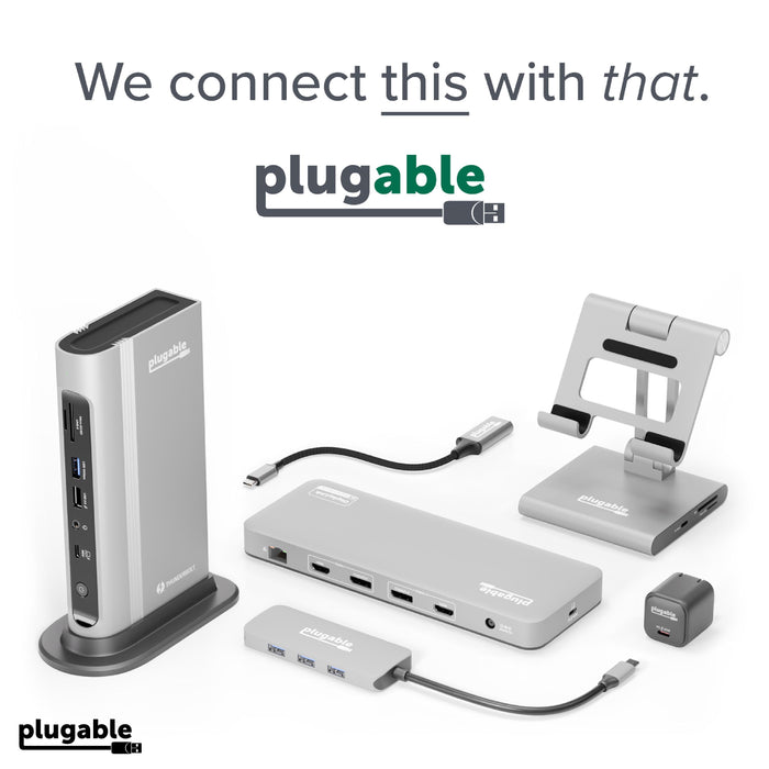 Plugable product ecosystem showing a docking station, multiport adapter, USB hub, phone stand, and 30W power adapter.