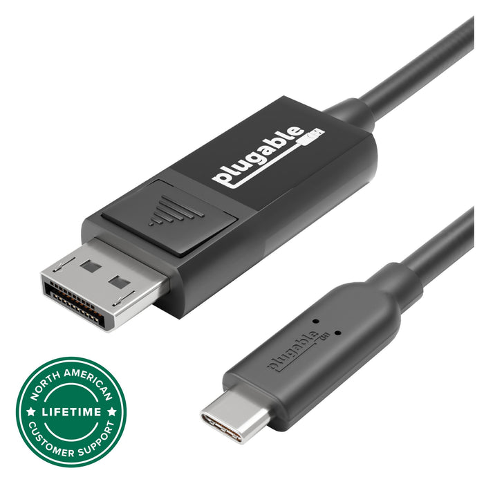 Plugable USB-C to DisplayPort cable with North American lifetime customer support badge.
