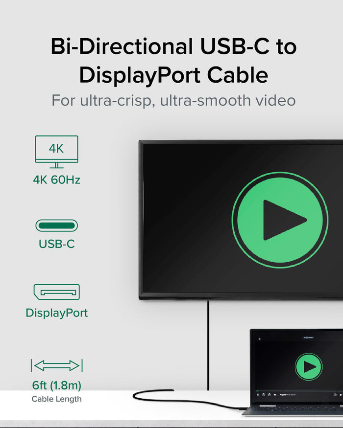 Bi-Directional USB-C to DisplayPort cable specs: 4K at 60Hz, USB-C and DisplayPort connectors, 6ft (1.8m) length.