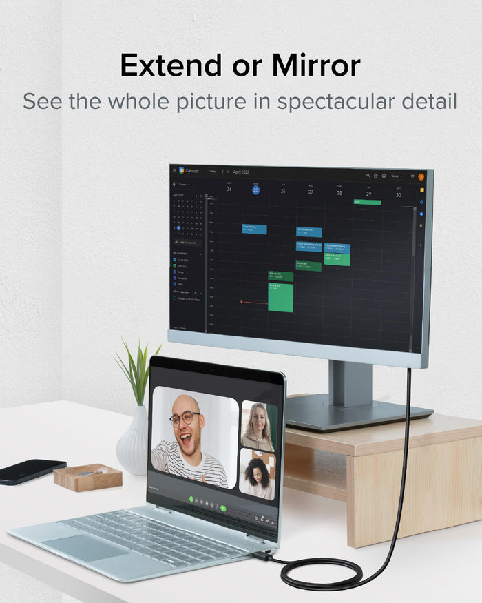 USBC-DP cable connecting a laptop to an external monitor to extend or mirror the display.
