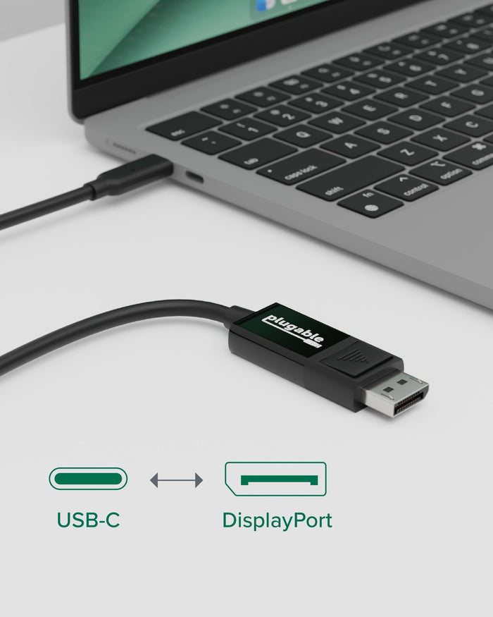 Plugable USBC-DP cable connecting a USB-C laptop port to a DisplayPort connector.