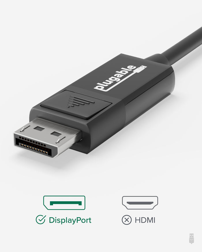 Plugable DisplayPort connector showing compatibility with DisplayPort and incompatibility with HDMI ports.